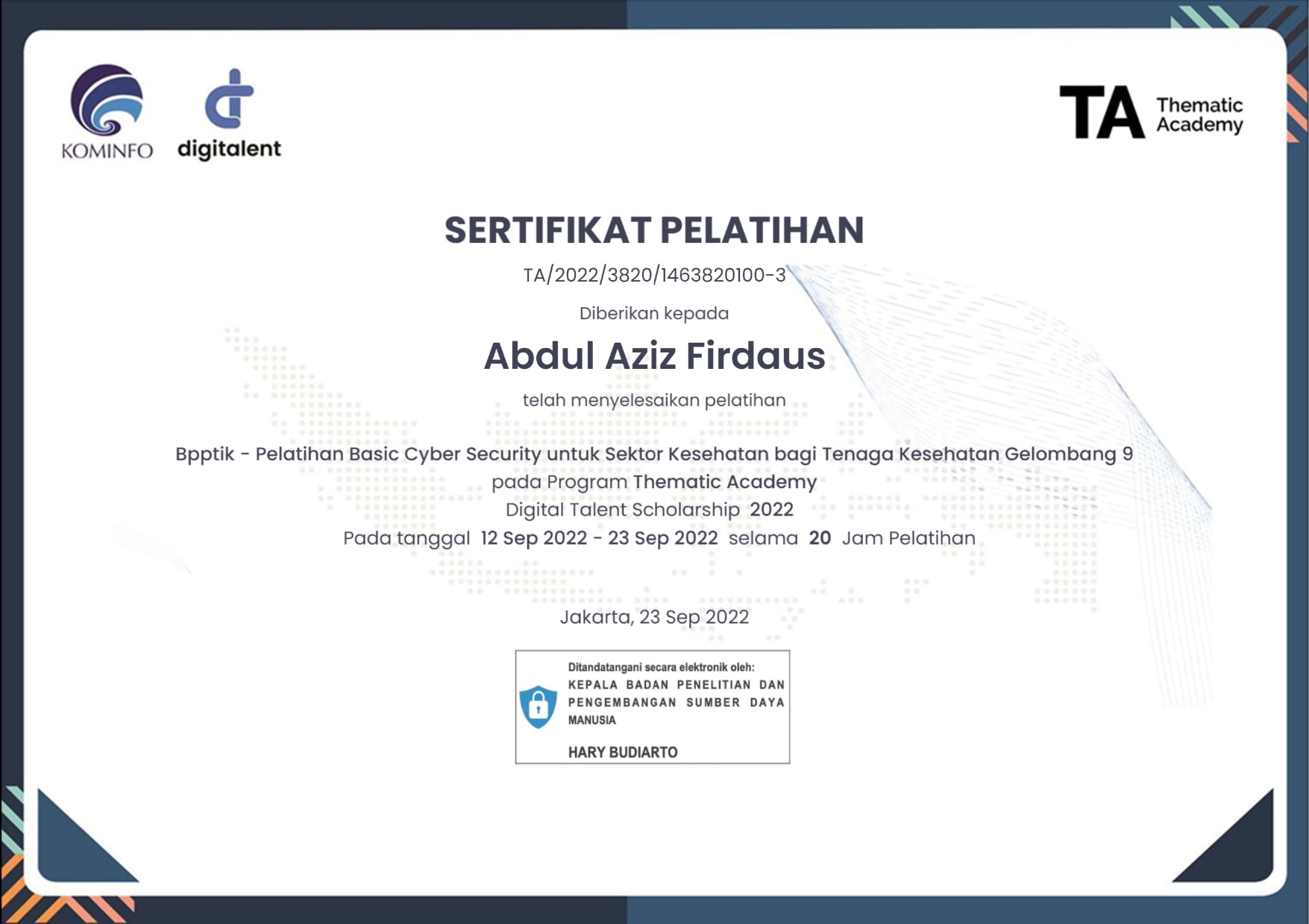 Certificate Cyber Security Healthy